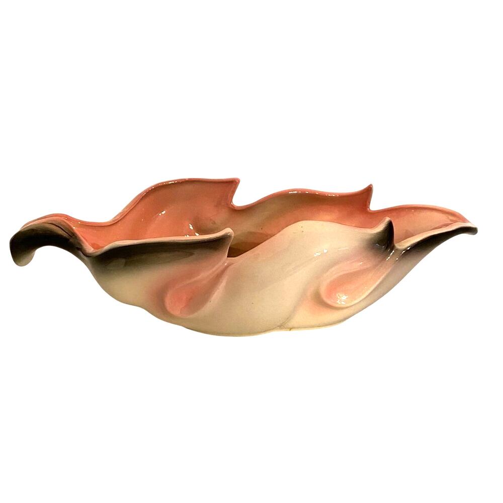 Hull USA #78 art pottery console bowl pink & gray mod leaf mid century motif